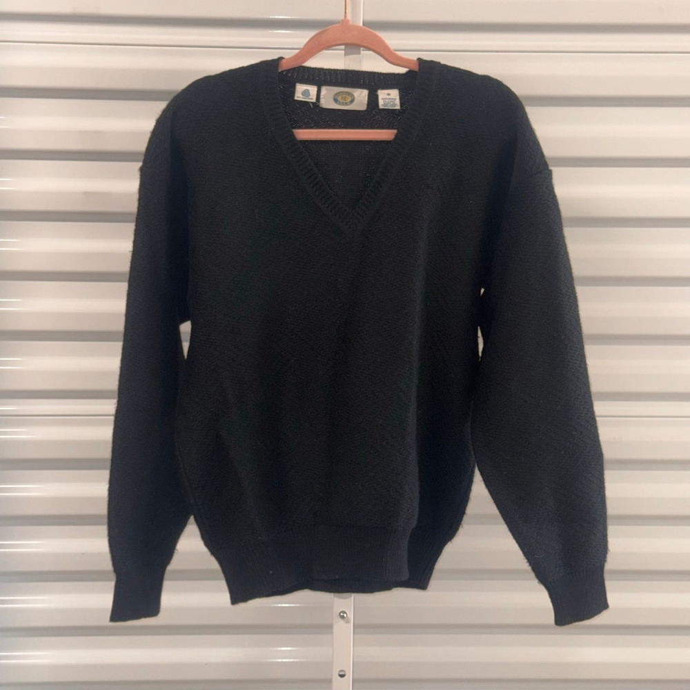 Vintage Men's Harbour Club Black V-Neck Wool Sweater L